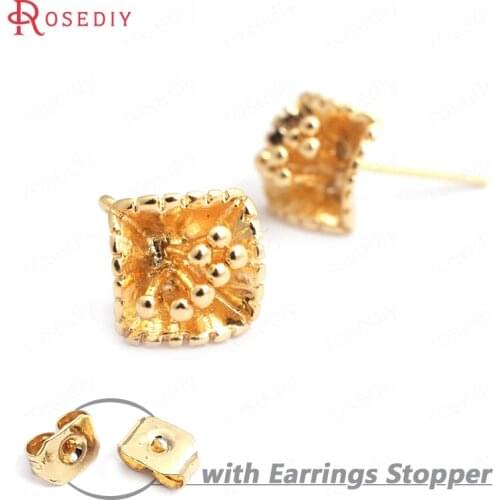 F008)10 pieces 9mm 24K Gold Color Brass Square Flower Stud Earrings High Quality Diy Jewelry Findings Accessories