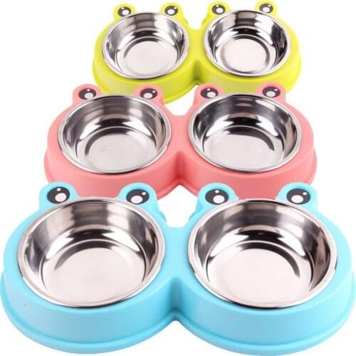 Pet Bowl Pet Feeder Cat Puppy Food and Water Bowl Pet Supplies Plastic Double Bowl Pet Stainless Steel Cartoon Dogs Universal