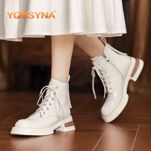 YQMSYNA Fashion Ankle Boots Women Round Toe Zipper Street Style Boots Convenient Cross-tied Square Heel Office Lady Shoes AS334