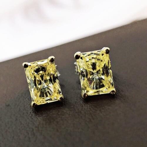 New S925 Silver Synthetic Yellow White Diamond Stud Earrings Woman 1 Carat Rectangular Engagement Jewelry