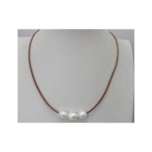 3 beads Primary color Genuine Leather white Freshwater Pearl Necklace 17"Beauty
