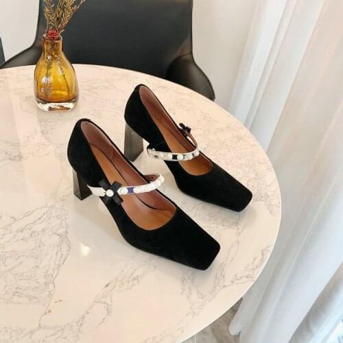 Salu 2021 Spring Women Pumps Pearl Kid Suede Leather High Heels Pumps Fashion Wedding Party Shoes Woman Square Toe Size40