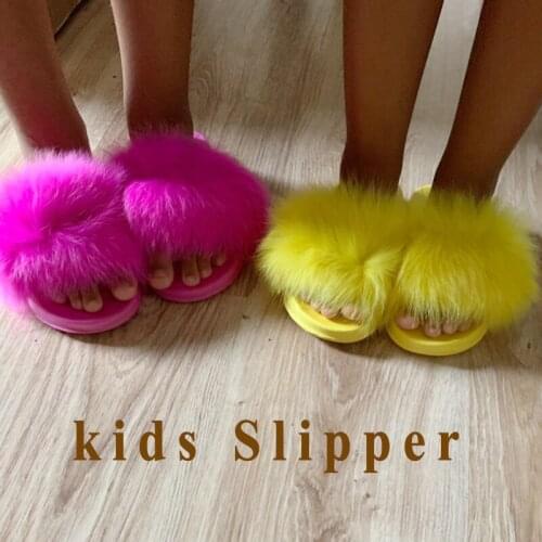 Kids Slides Cute Fluffy Slippers Furry Real Fox Outdoor Fashion Luxury Flat Flip Flop Sandals Baby Children Shoes Girls 2021