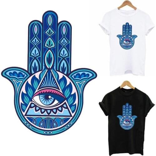 Blue Hamse Hand Fatima Patches For Clothes DIY Heat Transfer Clothing Sticker Women T-Shirt Hooides Appliqued Accessory