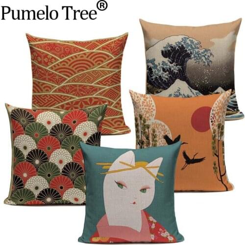 Vintage Decor CushionCovers Japanese Print Linen Pillowcase Fuji Kimono Girl Sea Decorative Pillow Home Decor Sofa Throw Pillow