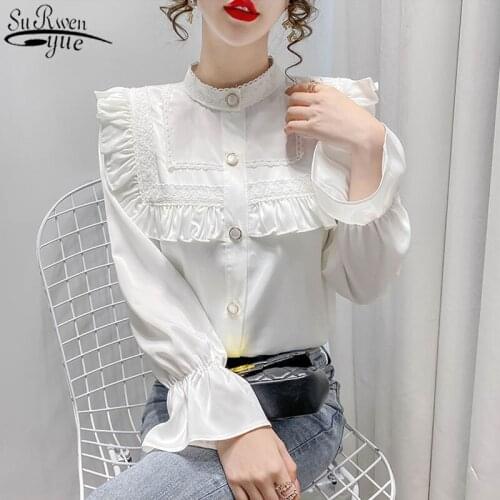 2021 Korean New Loose Elegant White Blouse Femme Lace Button Up Shirts For Women Ruffles Vintage Long Sleeve Ladies Tops 12477