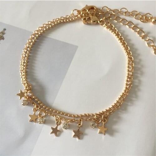 Girly Gold Color Plating Lovely Ribbon Heart Star Stone Moon Charm Bracelet Anklet For Girl Hot Summer Beach Decoration Jewelry