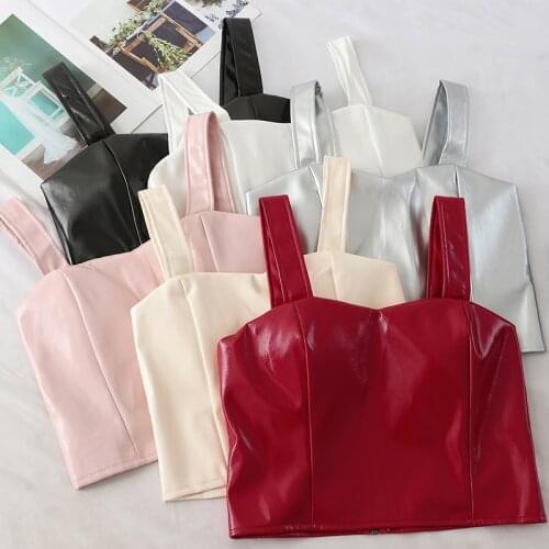 Summer Tops For Women 2021 New Fashion Off Shoulder Crop Top Ladies Solid Slim Sexy Leather Spaghetti Strap Top Joker Streetwear