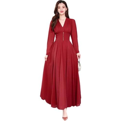 Ladies Vestidos 2020 Long Female Spring New Waist Was Thin V-Neck Long Sleeve Temperament Goddess Fan Dress A673