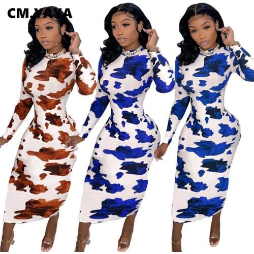 CM.YAYA Fall Winter Leopard Midi Bodycon Maxi Dress for Women Sexy Club Party Long Sleeve Long Dresses Pencil Vestidos