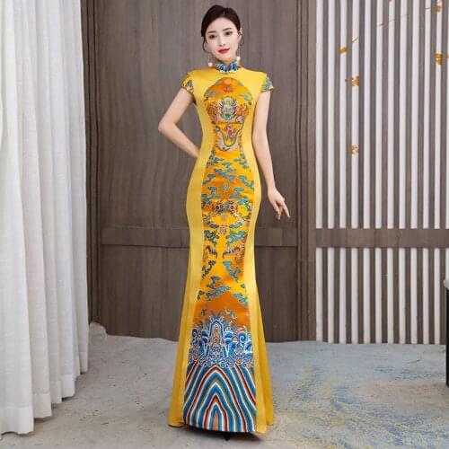 Mandarin Collar Women Qipao Red Bridal Wedding Mermaid Dress Slim Elegant Cheongsam Vintage Button Big Size 3Xl Maxi Dress 30819