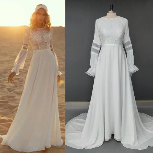 Sexy Bohemian Lace Wedding Dress O Neck Long Sleeves A Line Chiffon Sweep Train Beach Bridal Gown Robe De Mariee