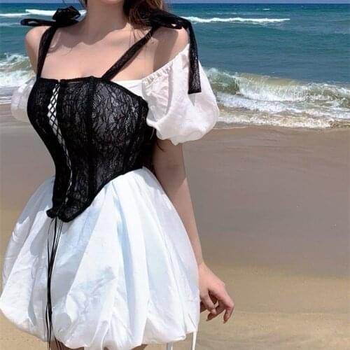 Summer Korean Sweet Girl Elegant Vintage White Fairy Dress Suit Slash Neck Raglan Sleeve Bandage Chic Woman Backless Ball Gown