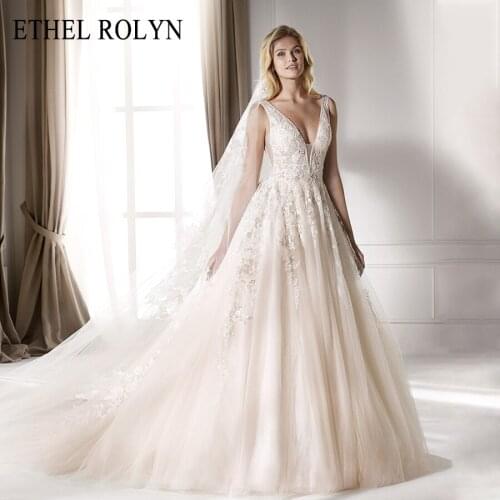 ETHEL ROLYN Sexy V-neck Backles Tulle Wedding Dress 2021 Romantic Beaded Appliques A-Line Vintage Wedding Gowns Vestido De Noiva