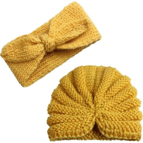 Winter Solid Hat Baby Newborn Baby Boy Girl Knitted Turban Hat Hair Band Beanie Headwear Cap Sets winter hats for girls Kids
