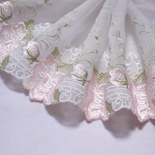1Meter 18.5CM Wide Pink Flowers Embroidered Lace Trim Soft White Tulle Lingerie Bra Underwear Handmade Dress Sewing Fabrics