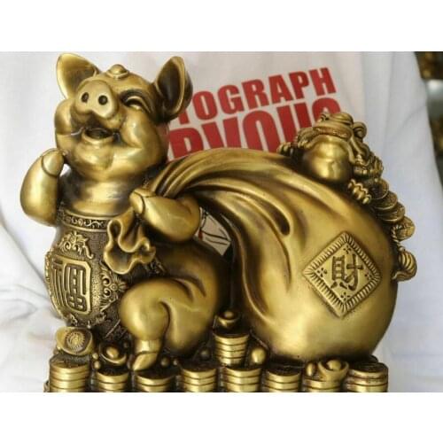 9" China Pure Bronze Wealth Yuanbao Money Zodiac Year Pig Swine Animal Statue