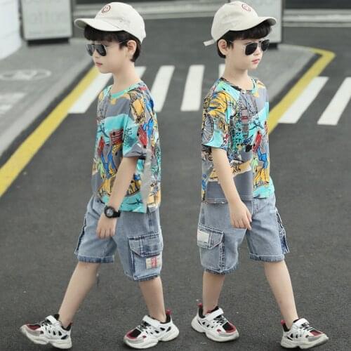 BINIDUCKLING Big Boys Summer Set 170cm Dinosaur Printed Short-Sleeves T-Shirt Short Jeans Denim Pants Kids Boys Clothes Set
