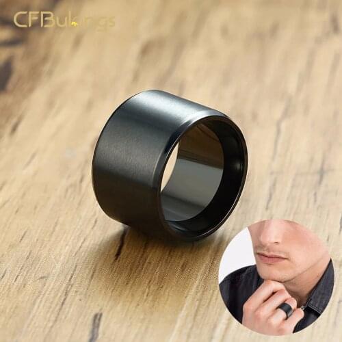 CFBulongs 15mm Black Titanium Steel Ring Mens Super Wide Brushed round Stainless Steel Jewelry Accessory Boyfriend Gift