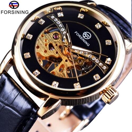 Forsining 2017 Diamond Display Transparent Case Fashion Casual Golden Mechanical Skeleton Watch Top Brand Luxury Men Wrist Watch