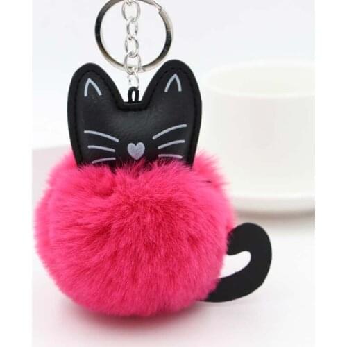 Hot Sale Cute Cat Soft Pompom Animal Tail Hair Ball Car Keychain Fur Ball Keychain Ladies Car Bag Accessories Key Ring Mom Gift