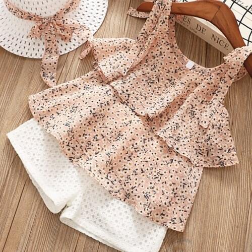 Girls Sets Summer New Boutique Childrens Clothing Female Baby Chiffon Sling Floral Sleeveless Shirt + Shorts Two-piece + Hat