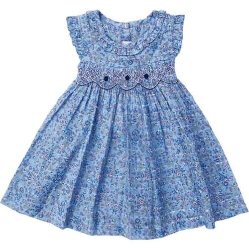 Baby girl summer vintage floral smocked princess dress kids casual embroidered cotton Spanish vest dress