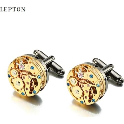 2017 New Gold Watch Movement Cufflinks for immovable Stainless Steel Steampunk Gear Watch Mechanism Cuff links for Mens gemelos