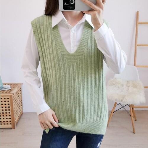 2020 Autumn Winter V-neck Women 's Large Size Vest New Style Korean -style Loose Sleeveless Knitted Vest Sweater Waistcoat Solid