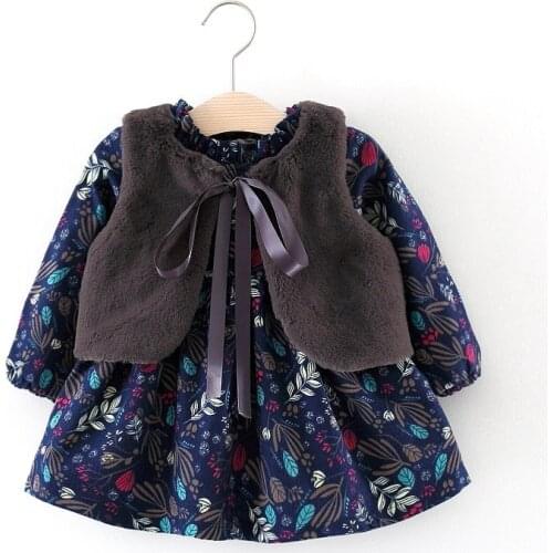 Fall Winter Kids Wear Brand Clothes New Baby Girls Long-sleeved Floral Plus Velvet Dress+Fur Vest 2Pcs Suit Girls Clothes Set