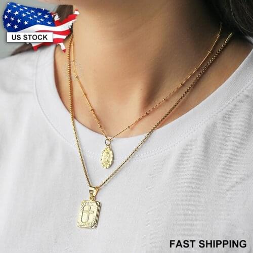 2pcs/Set Oval Virgin Mary Jesus Cross Pendant Necklace For Women Men Gold Color Satellite Box Link Chain Jewelry LGP430GP422