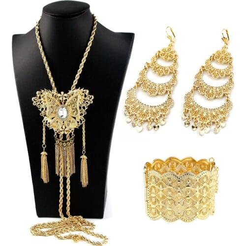 Sunspicems Gold Color Algeria Bridal Wedding Jewelry Set Earring Necklace Bangle For Women African Maroc Bijoux Gift Set 2021