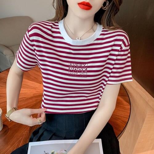 Stripe Women T-shirt Harajuku Short-Sleeved Women Cotton Loose Korean Female Clothes