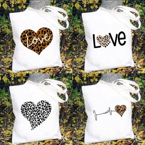 Casual Travel Handbags New Leopard Love Heart Print Women Shoulder Bag Fashion Canvas Bags Female Eco Reusable Shopping Tote Bag