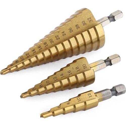 3PCS HSS 4-12/20/32mm Step Cone Step Drill Bit Drilling Power Tools Coated Titanium Drill Bit for Woodworking Hole Cutter Cone
