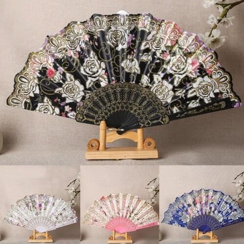 Traditional Chinese Spanish Style Fan Dance Wedding Party Cosplay Lace Silk Folding Hand Held Flower Decorative Fans