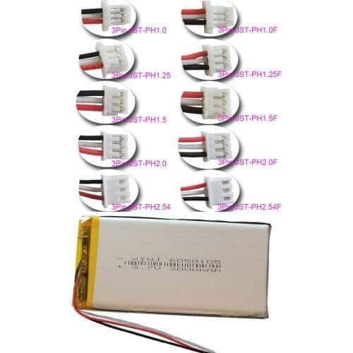 XINJ 3.7V 3000mAh 3 Wires Thermistor Polymer Li Lithium Battery LiPO 6050105 3Pin JST-PH 1.0/1.25/1.5mm For E-Book PDA Tablet PC