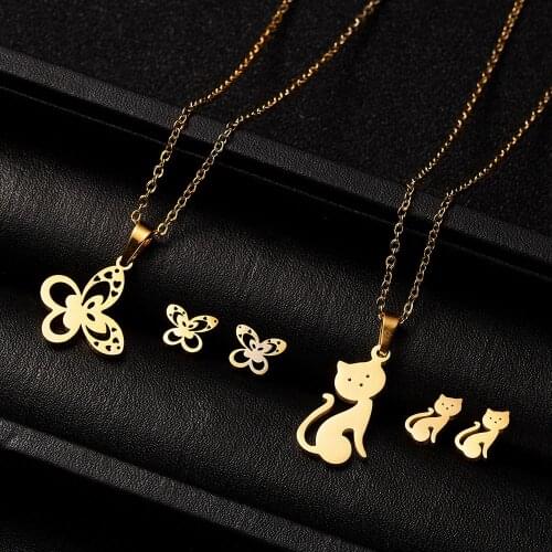 Cute Cat Butterfly Jewelry Set Stainless Steel Animal Infinity 8 Stars Heart Pendant Necklace Earrings Set Best Friends Gift