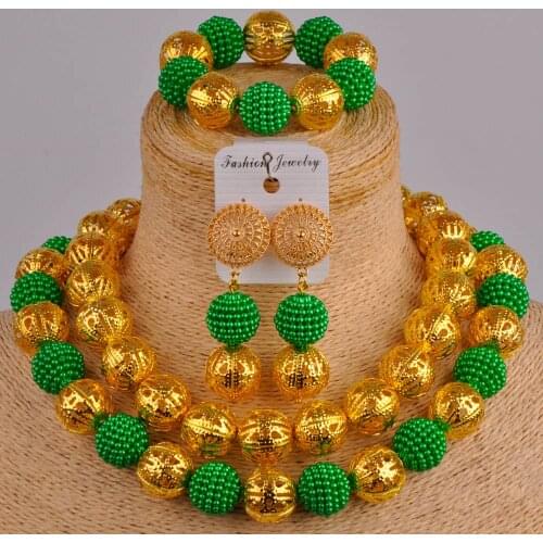 Green and gold african jewelry set costume necklace african set simulated pearl nigerian wedding beads jewelry sets ZZ16