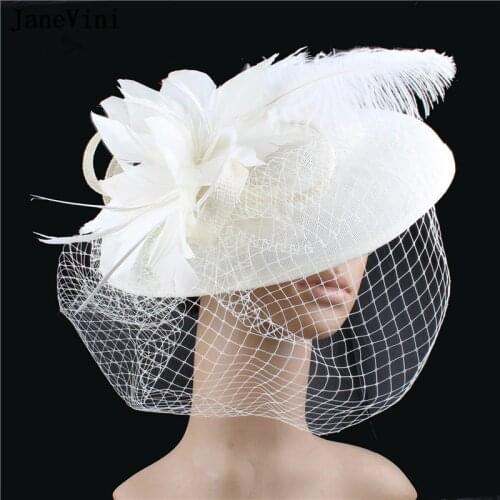 JaneVini Ivory Bridal Wedding Hats Facinators for Women Linen Mesh Headpiece Hat Feathers Fancy Veils Fashion Halloween Headwear