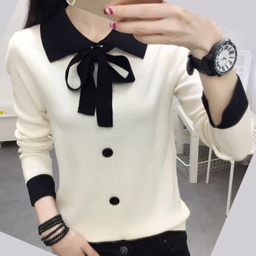 2021 New Turn-down Collar Womens Sweater Spring Autumn Female Clothing Lace Up Bow Knitted Long Sleeve Pullovers Sweaters Pull