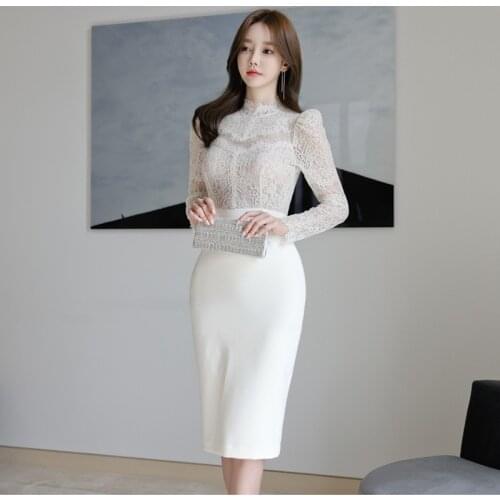 Summer 2021 Long Sleeve Slim New Arrival Korean Fashion White Dress Ladies Midi Bodycon Dress Sheer Elegant Lace Women Dresses
