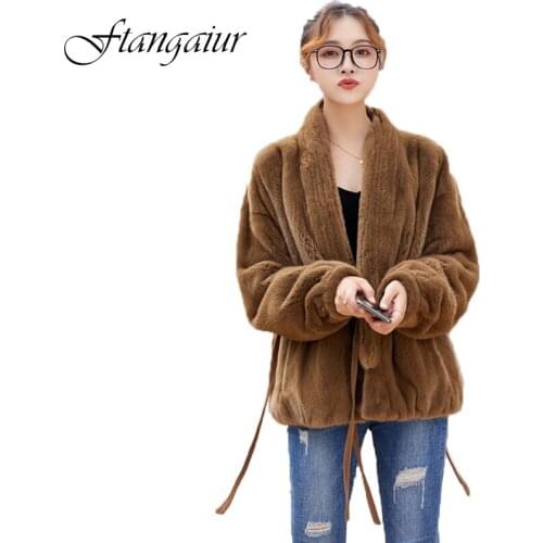 Ftangaiur 2020 Winter Import Velvet Mink Fur Coat Womens Full Sleeve Short V-Neck Pure Color Sashes Natural Real Mink Fur Coats