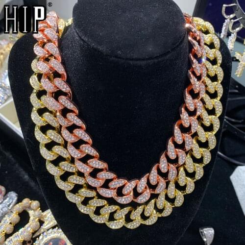 Hip Hop 1Set 20MM Gold Full Iced Out Paved Rhinestones Miami Curb Cuban Chain CZ Bling Rapper Necklaces For Men Jewelry