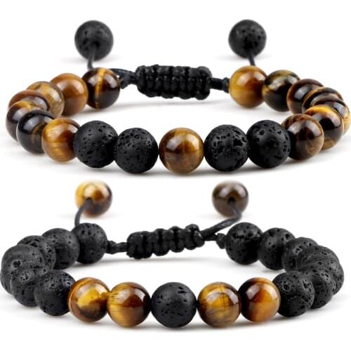2pcs Tiger Eye Stone Bracelet Chakra Lava Rock Beads Essential Oil Diffuser Couple Bracelets Adjustable Bangles Energy Jewelry