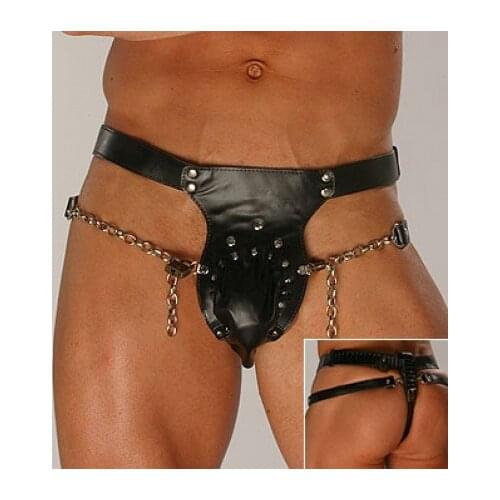 2016 Fashion Sexy Male faux leather thong low-waist rings mens panties personality male cool sexy