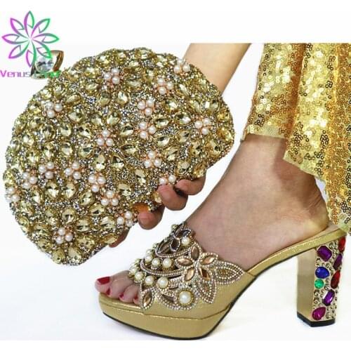 2019 Golden Color Special Design Woman Shoes And Matching Bag Set Nigerian Style Pumps Shoes And Bag Set For Party Wedding