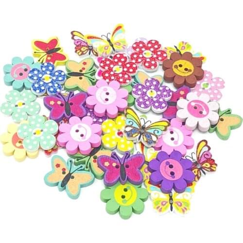 50pcs Mix Wooden Buttefly Flower Novelty Buttons For Craft Cardmaking Embellishments Sewing 2 Holes FANCY Button Scrapbooking