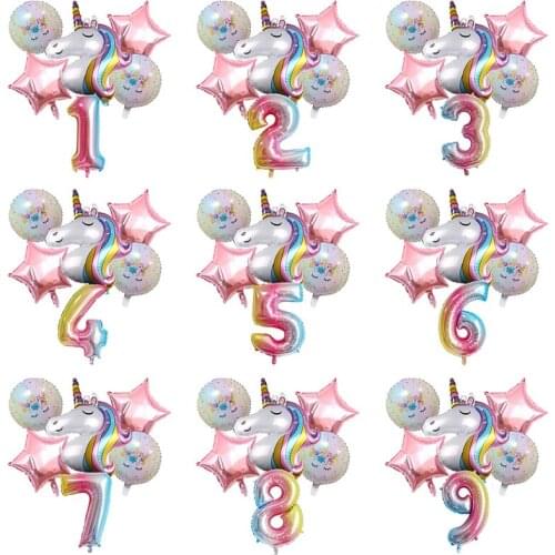 6pcs Rainbow Unicorn Balloon Birthday Number Foil Balloons 1st Birthday Girl Party Decorations Supplies Baby Shower Globos