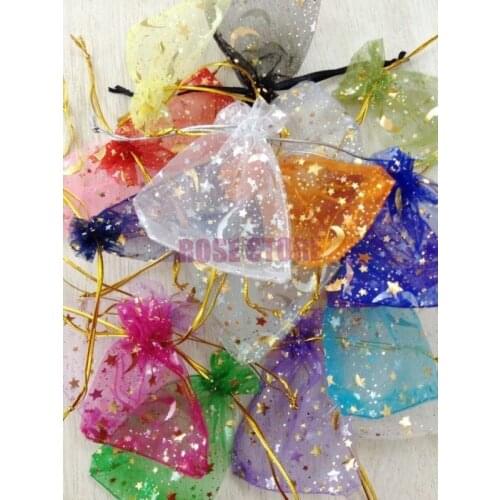Free Shipping 100pcs High Quality Organza Bags 9x12cm Assorted Color Moon Star Pattern Wedding Favors Candy Gift Bags